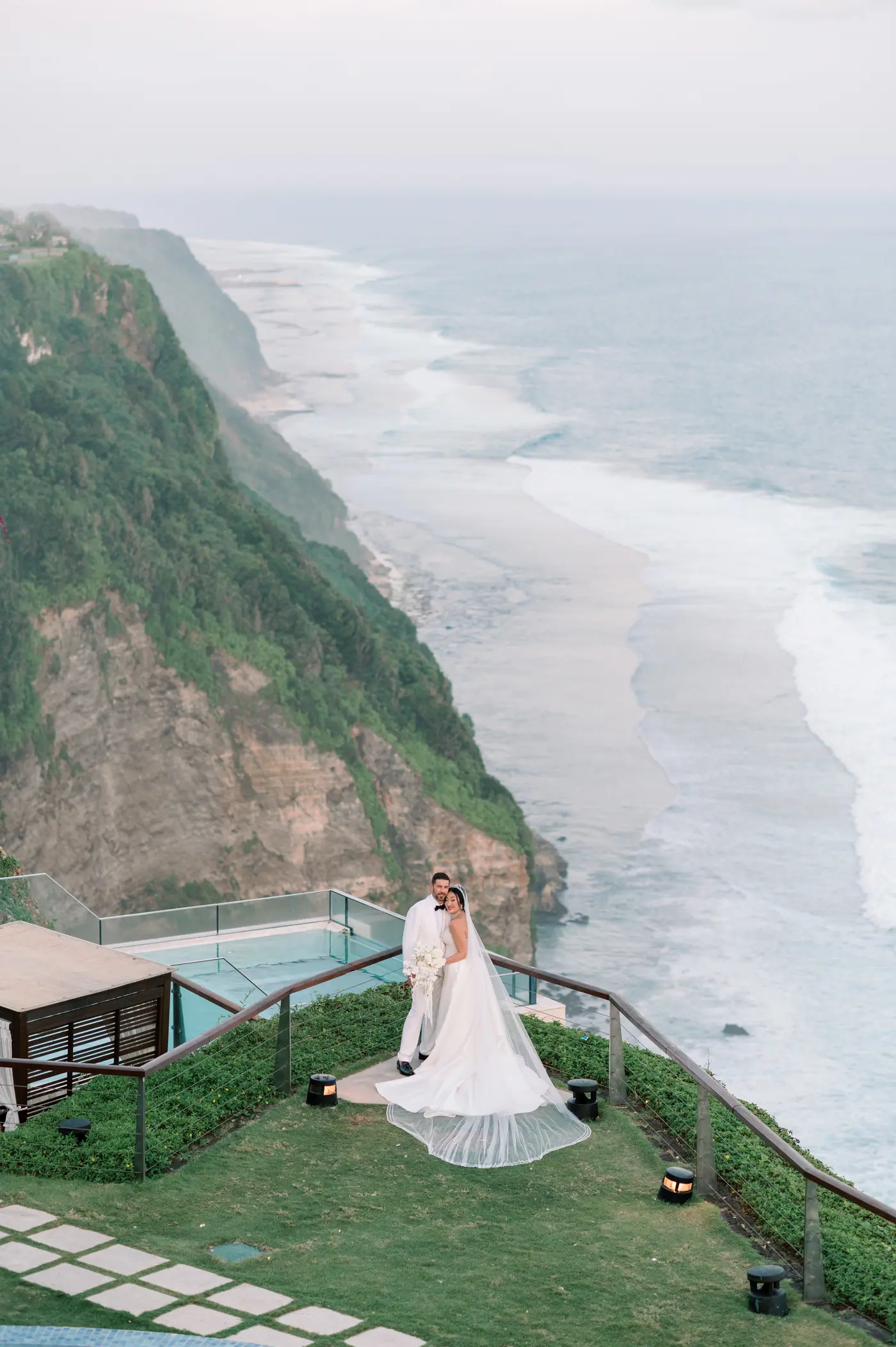 The Uluwatu coastline in Bali, seen from the clifftop above the beach