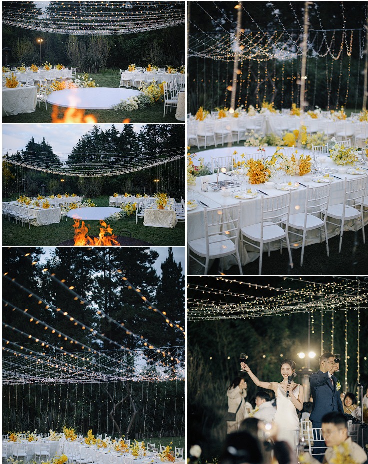 A twilight welcome reception under a fairy-light canopy in Lijiang