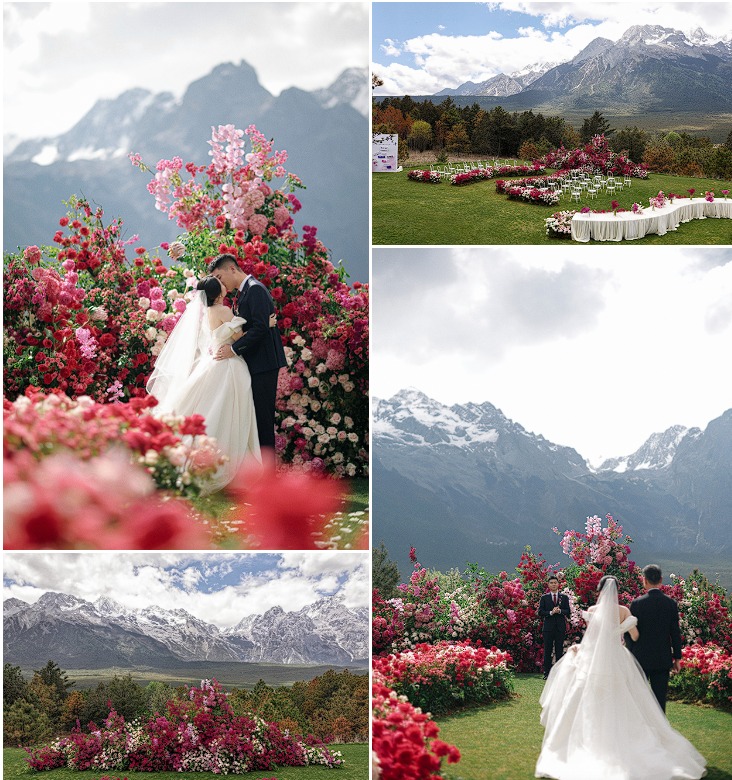 A floral wedding ceremony framed by Jade Dragon Snow Mountain in Lijiang