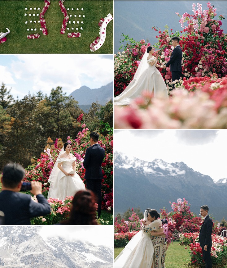 A wedding ceremony layout framed directly by the snow-capped main peak of Yulong Snow Mountain