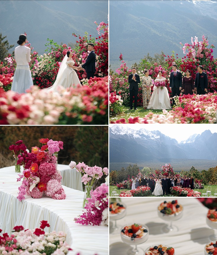 Wedding guests celebrating at a mountain-view reception in Lijiang